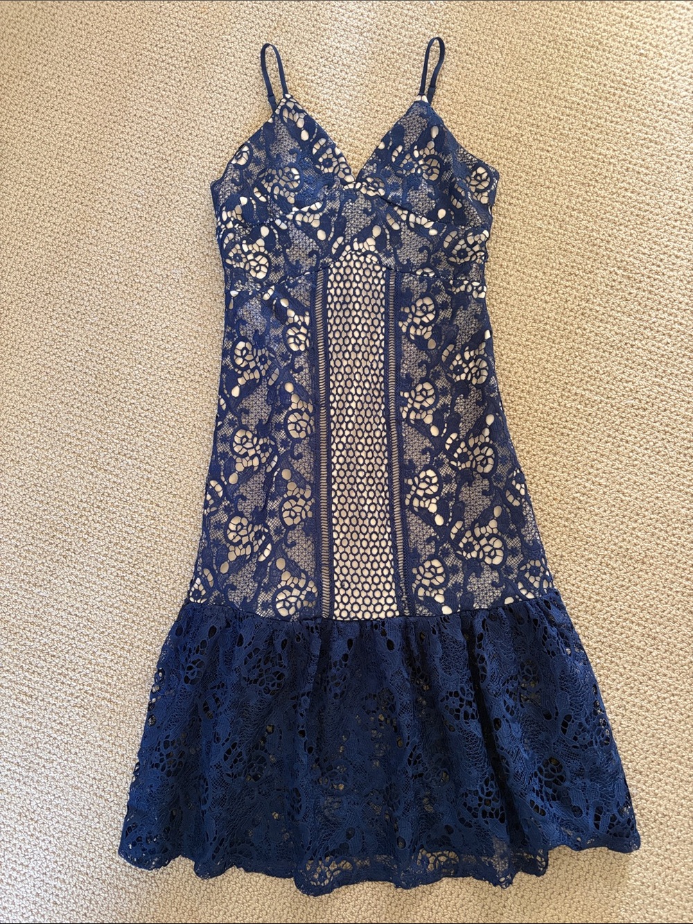 Romeo & Juliet Couture. 
Navy Blue Lace Crochet Appliqué Fitted Midi Dress